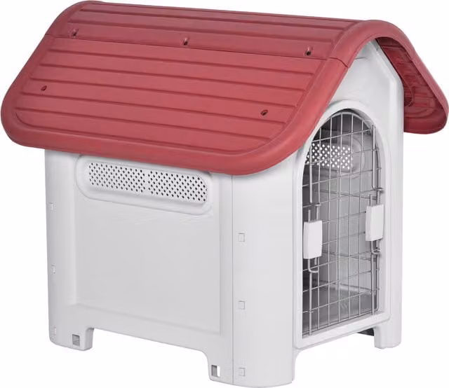 Cuccia per cani PawHut per interno ed esterno con doppia porta in metallo e multi-ventilazione, colore rosso, L 59 cm x P 75 cm x H 66 cm