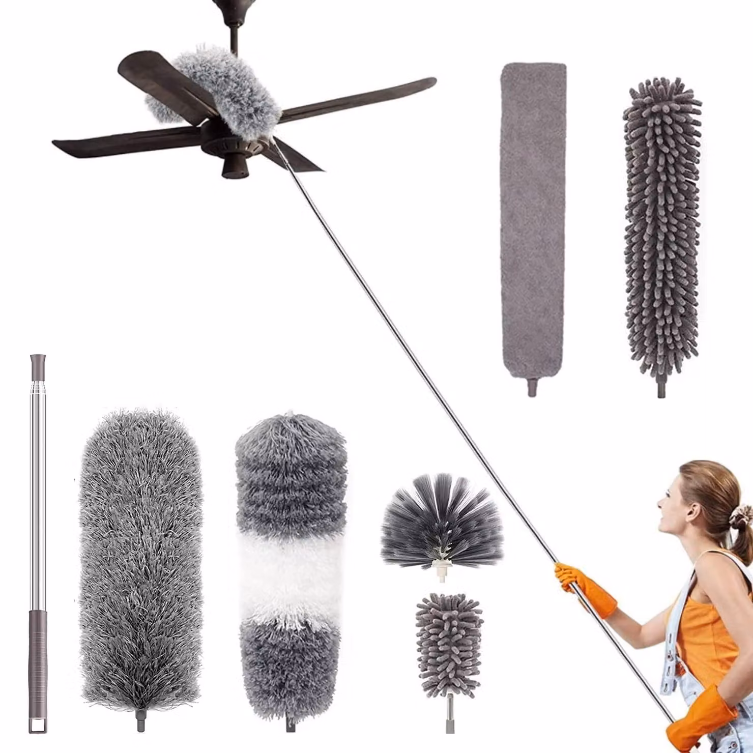 Kit completo per la pulizia con 7 accessori, dotato di asta telescopica
