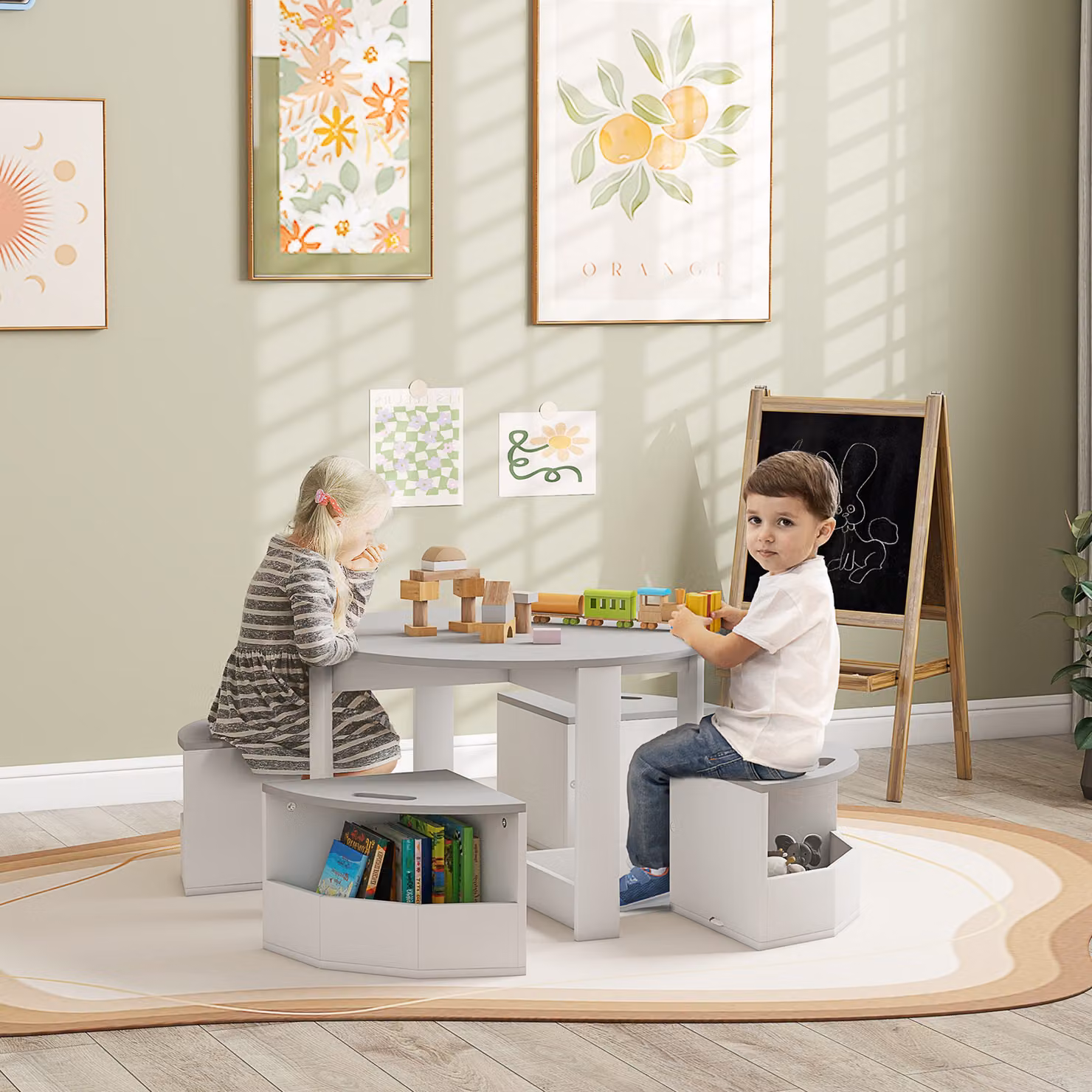 Set con Tavolo e 4 Sgabelli AIYAPLAY per Bambini in Legno con Vano Contenitore, Grigio e Bianco – 2