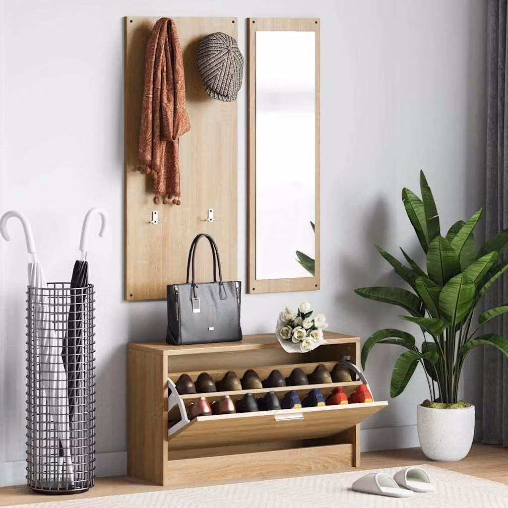 Set Scarpiera 3 in 1 vidaXL con Specchio e Appendiabiti per Ingresso, Colore Rovere, L/P/H: 80 x 27 x 46,5 cm