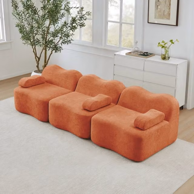 Divano modulare senza struttura 288x98x70 cm in velluto arancione con seduta profonda