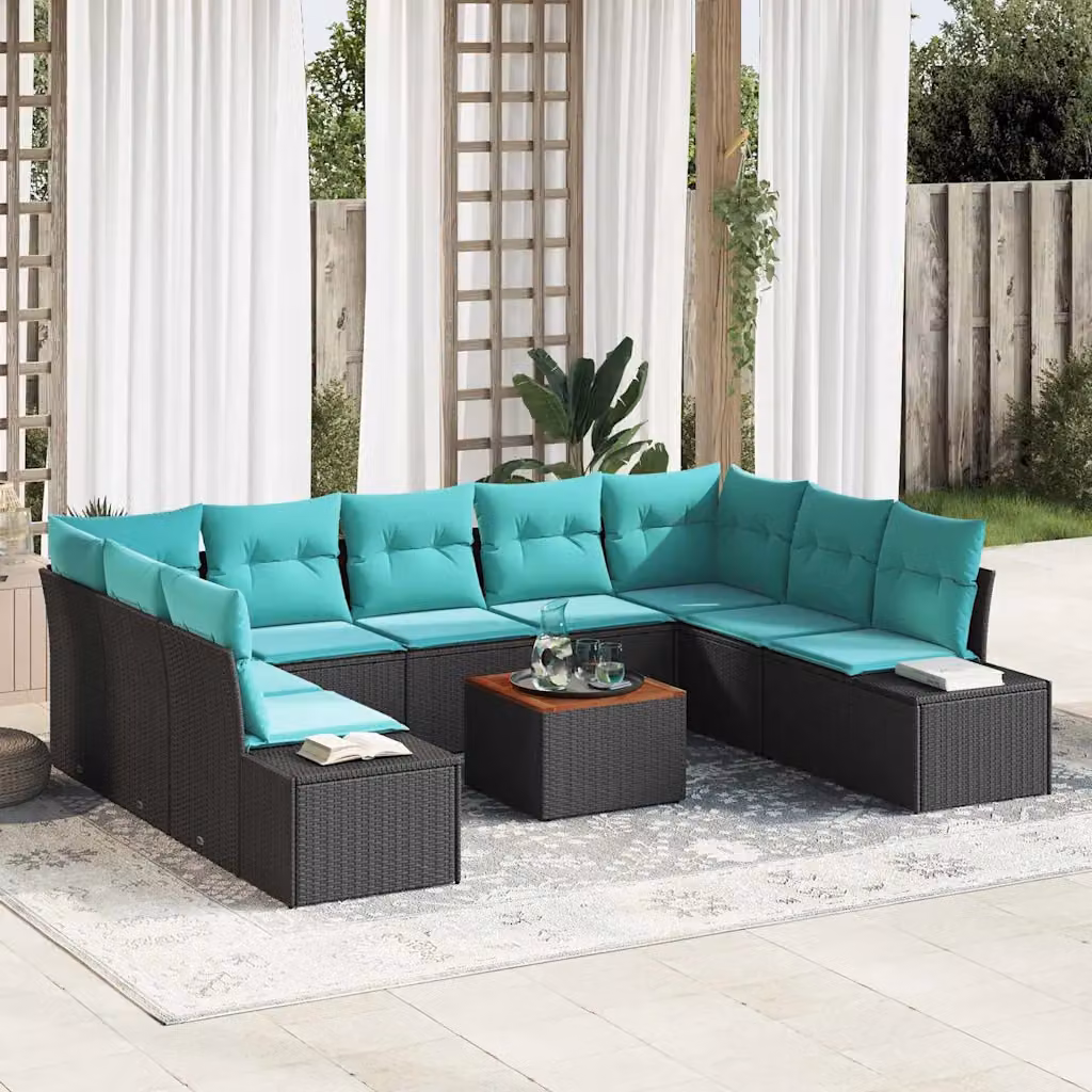 Set Divano da Giardino vidaXL 10 Pezzi a Forma di U con Tavolino, Polyrattan Nero e Cuscini Turchesi
