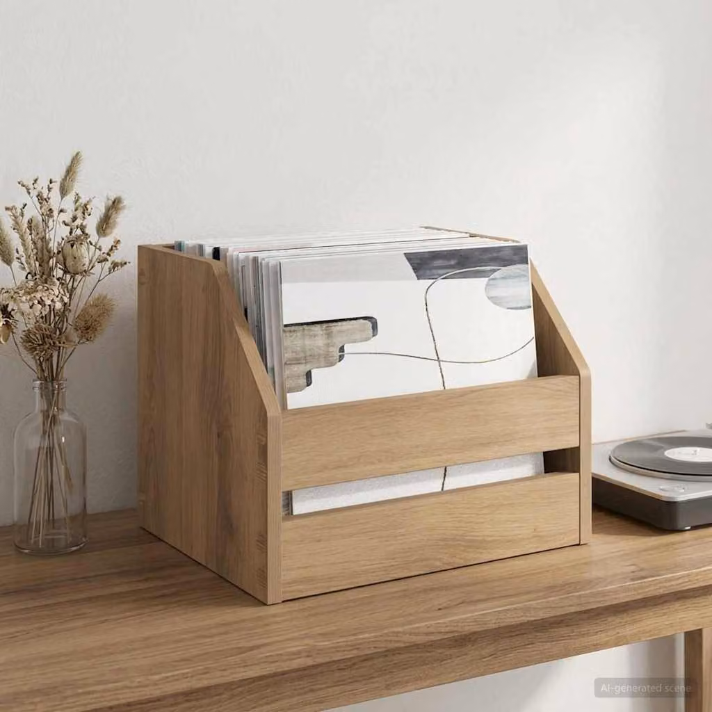 vidaXL Scatola per album in vinile in legno color rovere, L: 38 cm, P: 30 cm, H: 29 cm