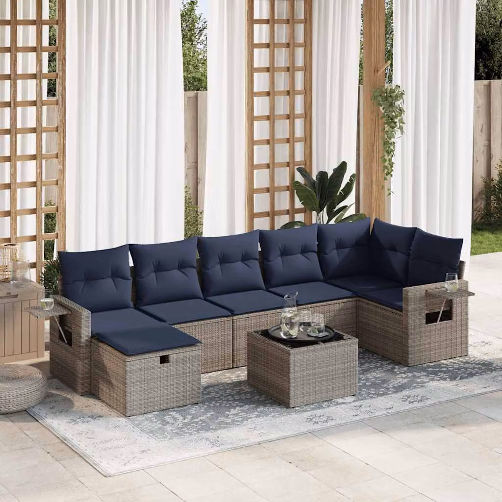 Set Divano da Giardino L-Shape vidaXL 8 pz in Polyrattan Grigio con Cuscini e Tavolino