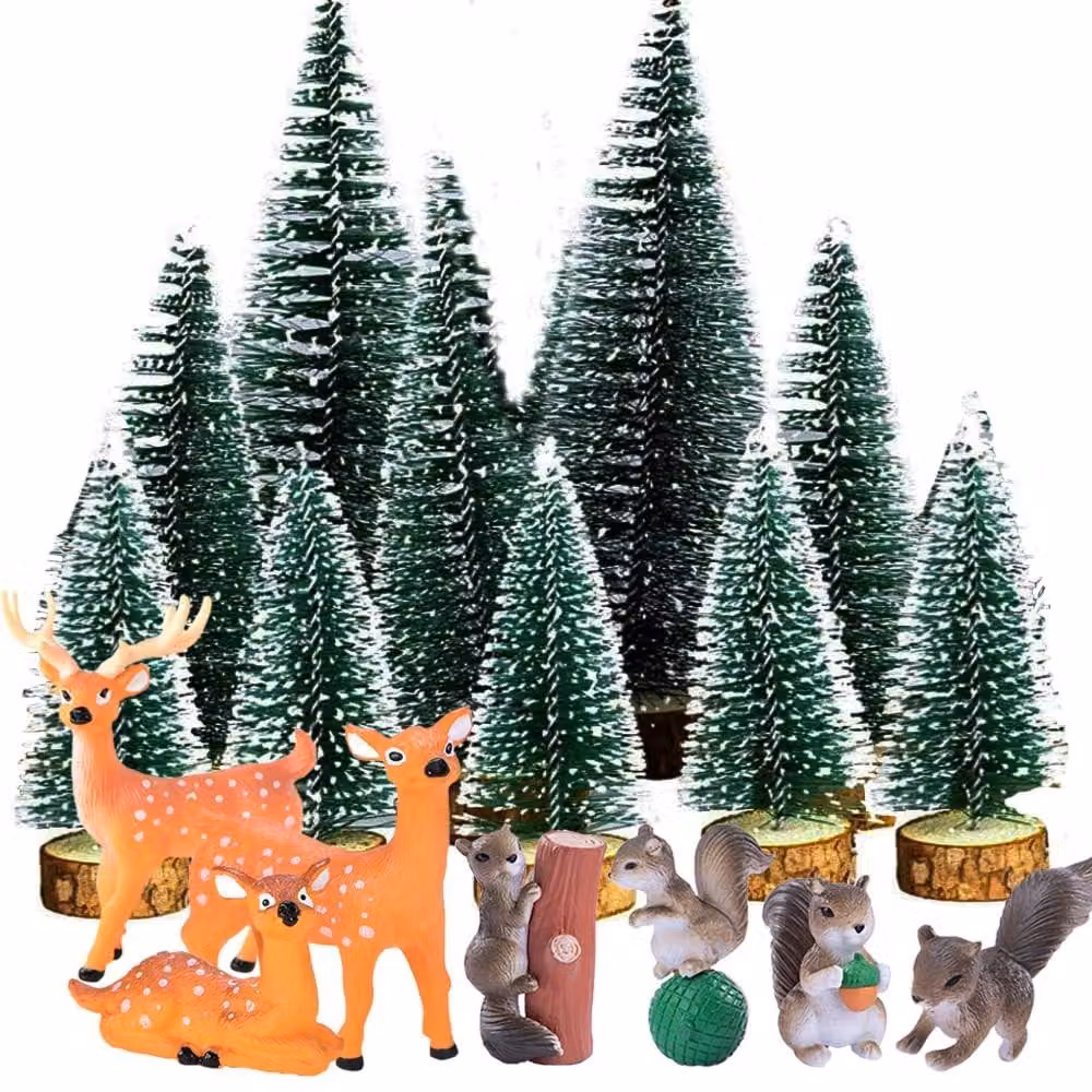 Omgoods - Set di mini alberi di Natale decorativi con personaggi e neve
