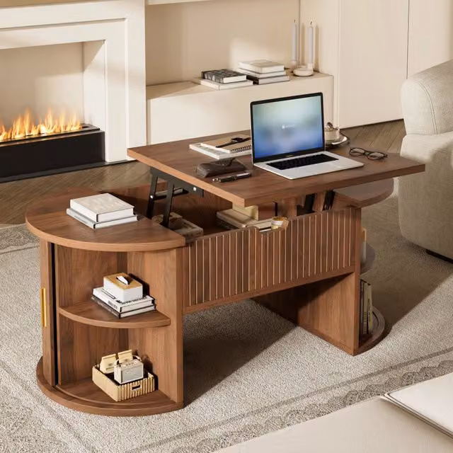 Tavolino basso alzabile ovale con ripiani aperti e 2 ante scorrevoli in MDF color noce 100 × 50 × 40.5 cm