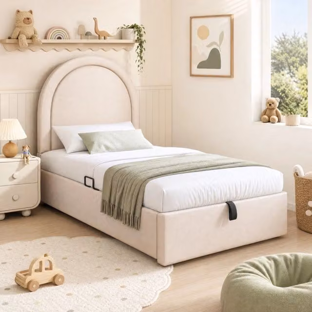 Letto imbottito 91x196x120 cm con contenitore; struttura in metallo e PU; beige