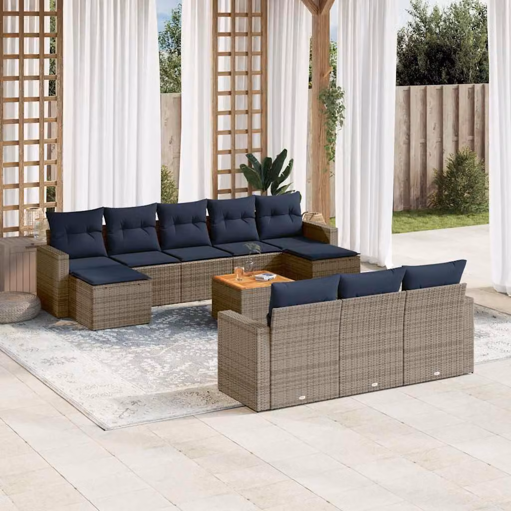 Set di divani da giardino vidaXL composto da 11 pezzi con cuscini grigi e blu in polyrattan e legno di acacia oliato