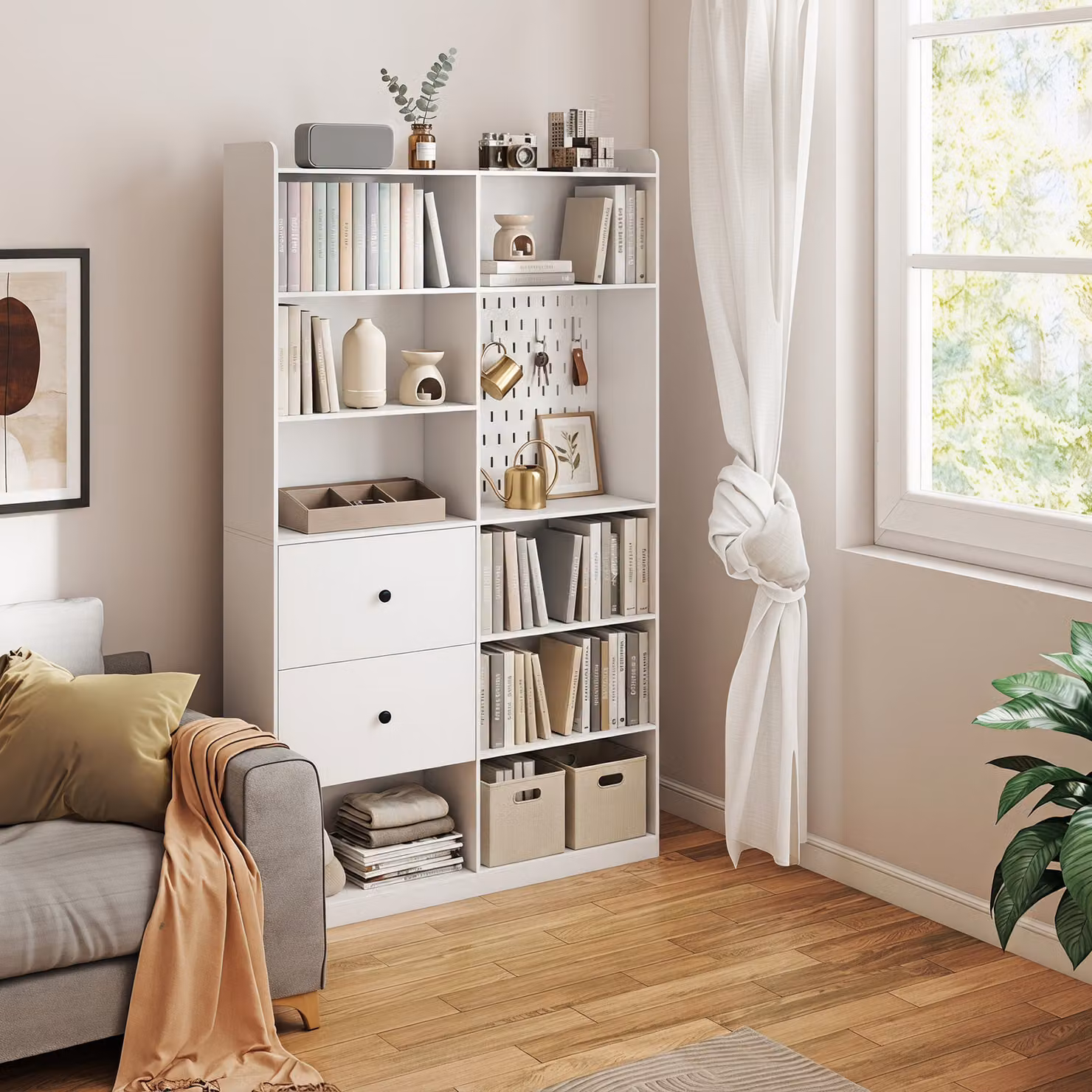 Libreria Doppia HOMCOM a 6 Livelli con Cassetti e Pannello Forato, Bianco, L: 120 cm, P: 30 cm, H: 200 cm – 2