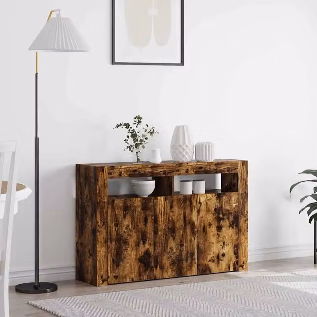 Credenza moderna vidaXL in legno MDF color rovere fumé con illuminazione integrata L/P/H: 116 x 30 x 75 cm