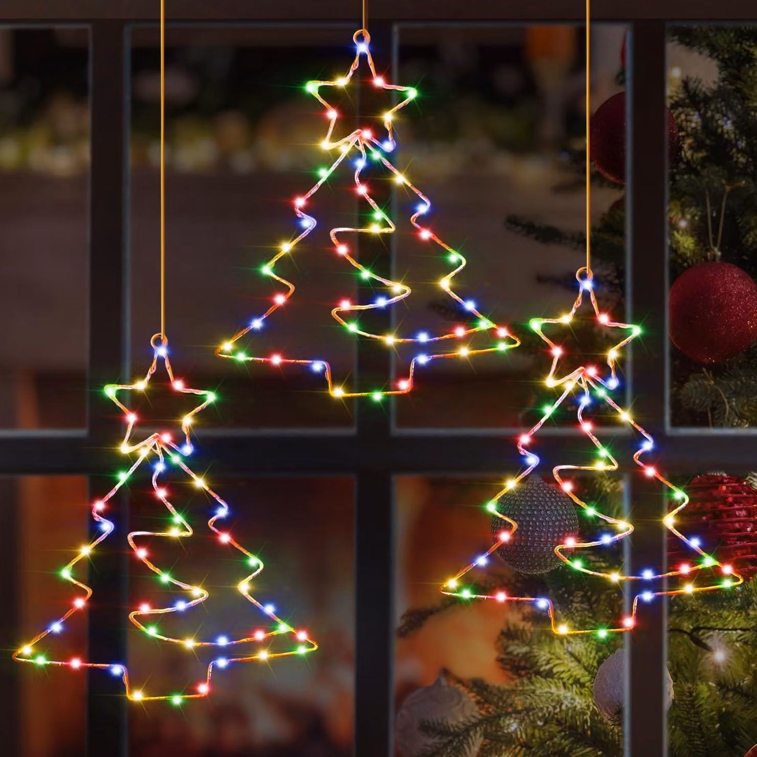 Luci decorative per finestre a tema natalizio, set da 3 pezzi, 55 LED, multicolore, con timer
