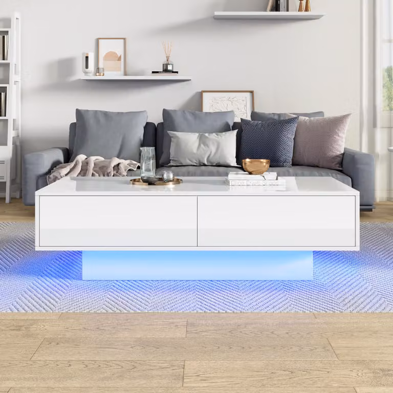 Tavolino da salotto Merax con finitura lucida e 2 cassetti, tavolino da divano con illuminazione LED, superficie lucida, tavolino laterale per il soggiorno, capacità di carico 30 kg, colore bianco