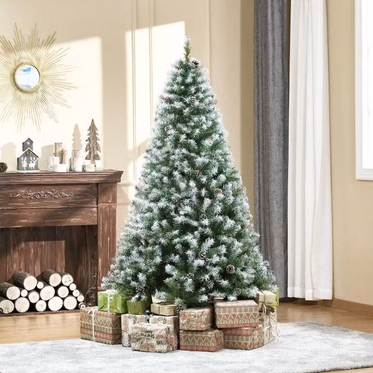 Albero di Natale artificiale, altezza 180 cm, con decorazioni a neve e pigne – 800 punte – Antincendio e facile da montare