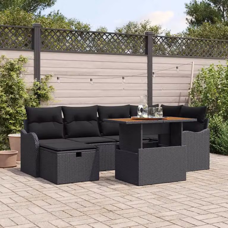 Set Divano da Giardino vidaXL in Polyrattan Nero con Cuscini e Tavolino da 7 Pezzi