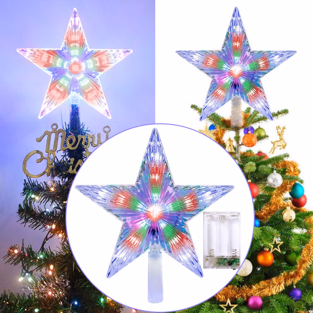 2 pezzi, decorazione a forma di stella per la punta dell'albero di Natale, con luci LED RGB. Funziona a batteria e offre 8 modalità di illuminazione