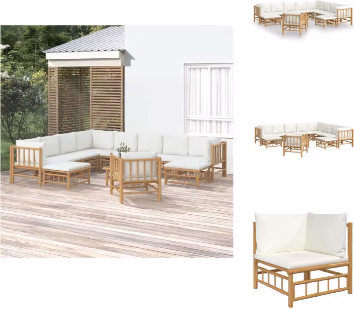 vidaXL Set di 12 pezzi per salotto da giardino con cuscini in bambù bianco crema - Set di mobili da giardino