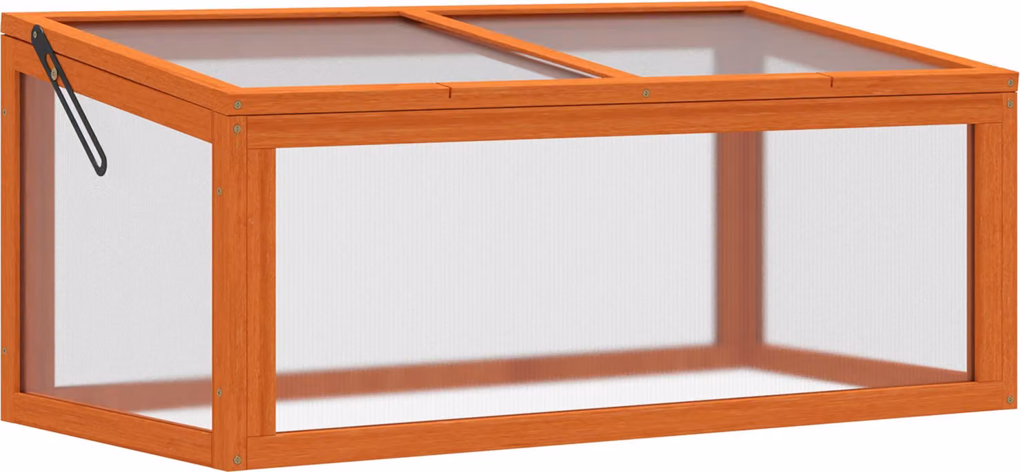Serra da giardino Moonbite, dimensioni 90 x 46 x 40 cm, con tetto apribile, mini-serra realizzata in legno di abete oliato e pannelli in policarbonato, tetto a falda con sistema di drenaggio dell'acqua, colore: legno, arancione