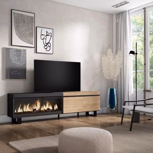 Mobile TV Soggiorno, 208x35x57cm, Per TV fino a 80", Camino elettrico XXL, Design industriale, colore Rovere e nero RF3267
