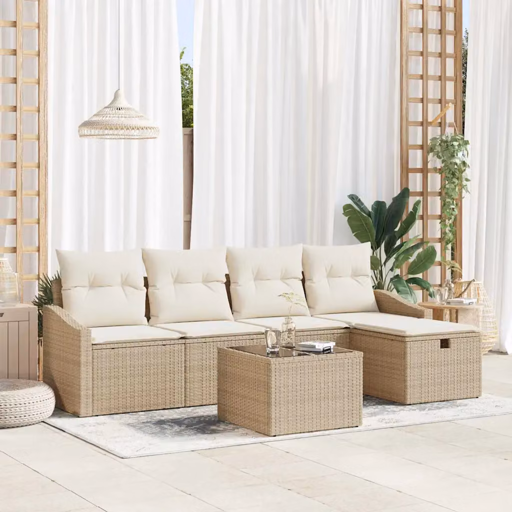 Set di divani da giardino vidaXL a forma di L in rattan beige con cuscini e contenitore per l'archiviazione