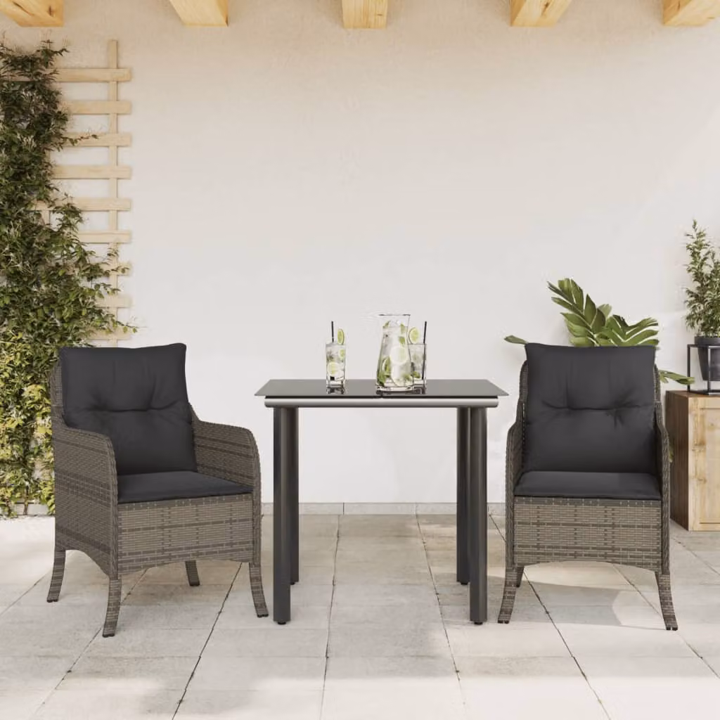 Set da Pranzo da Giardino 3 pz vidaXL in Polyrattan e Metallo con Piano in Vetro e Cuscini Grigio e Nero – 1
