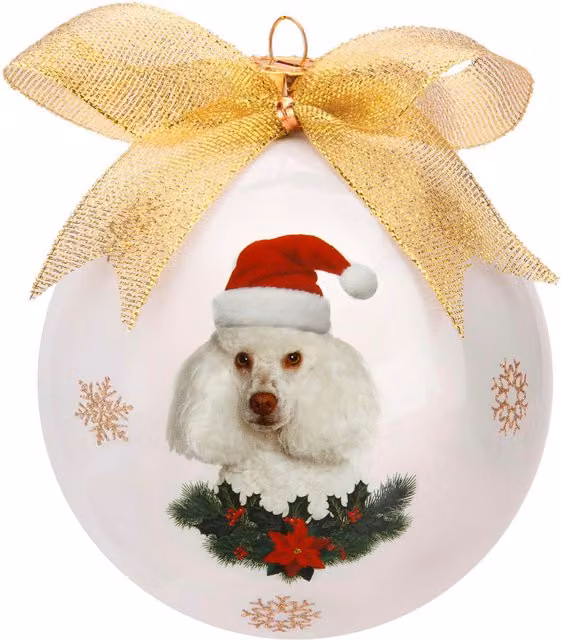 Pallina di Natale KASANOVA con decorazione Barboncino in vetro, colori bianco e oro, diametro: 10 cm