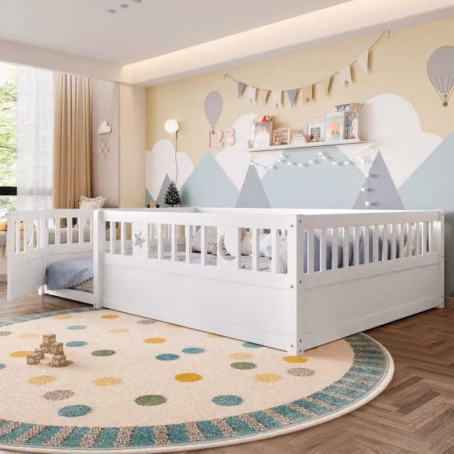Letto Singolo per Bambini MINIMAL in Legno di Pino Bianco con Sponde, L/P/H: 140 x 190 x 146 cm