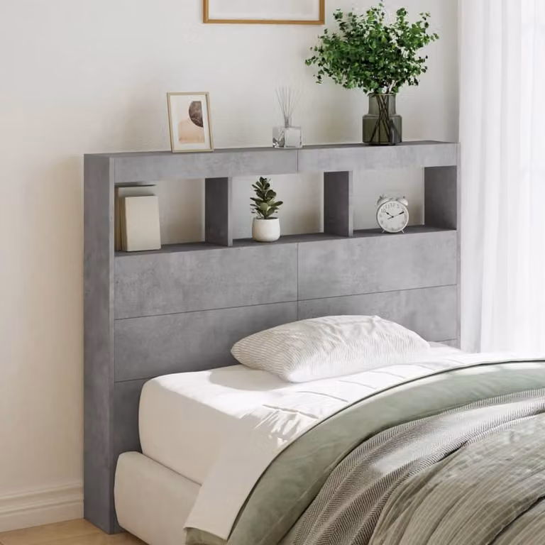 Testiera con Contenitore vidaXL Grigio Cemento con Illuminazione LED, Ripiano Integrato e Porte USB, L 120 x P 17 x H 102 cm