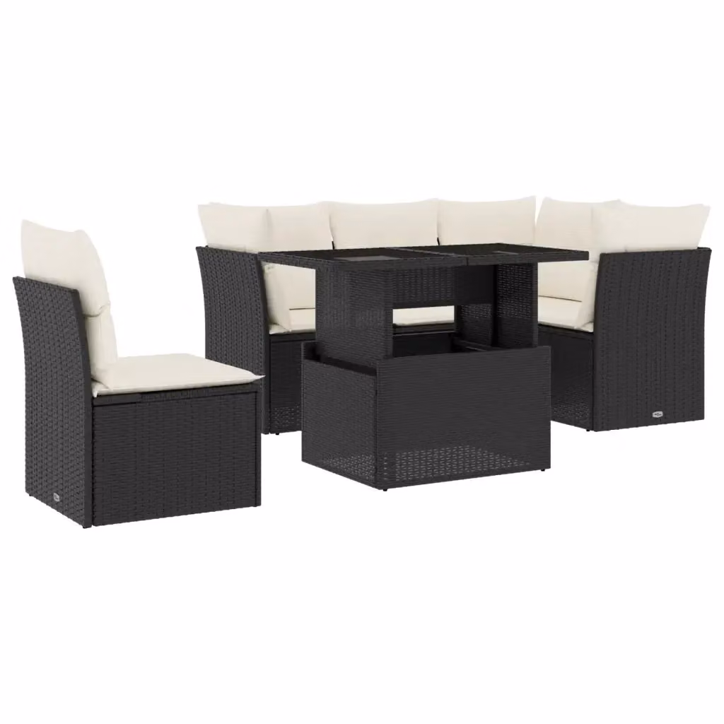 Set Divano da Giardino vidaXL a Forma di L con Cuscini e Tavolino, 6 Pezzi, Nero e Bianco – 2