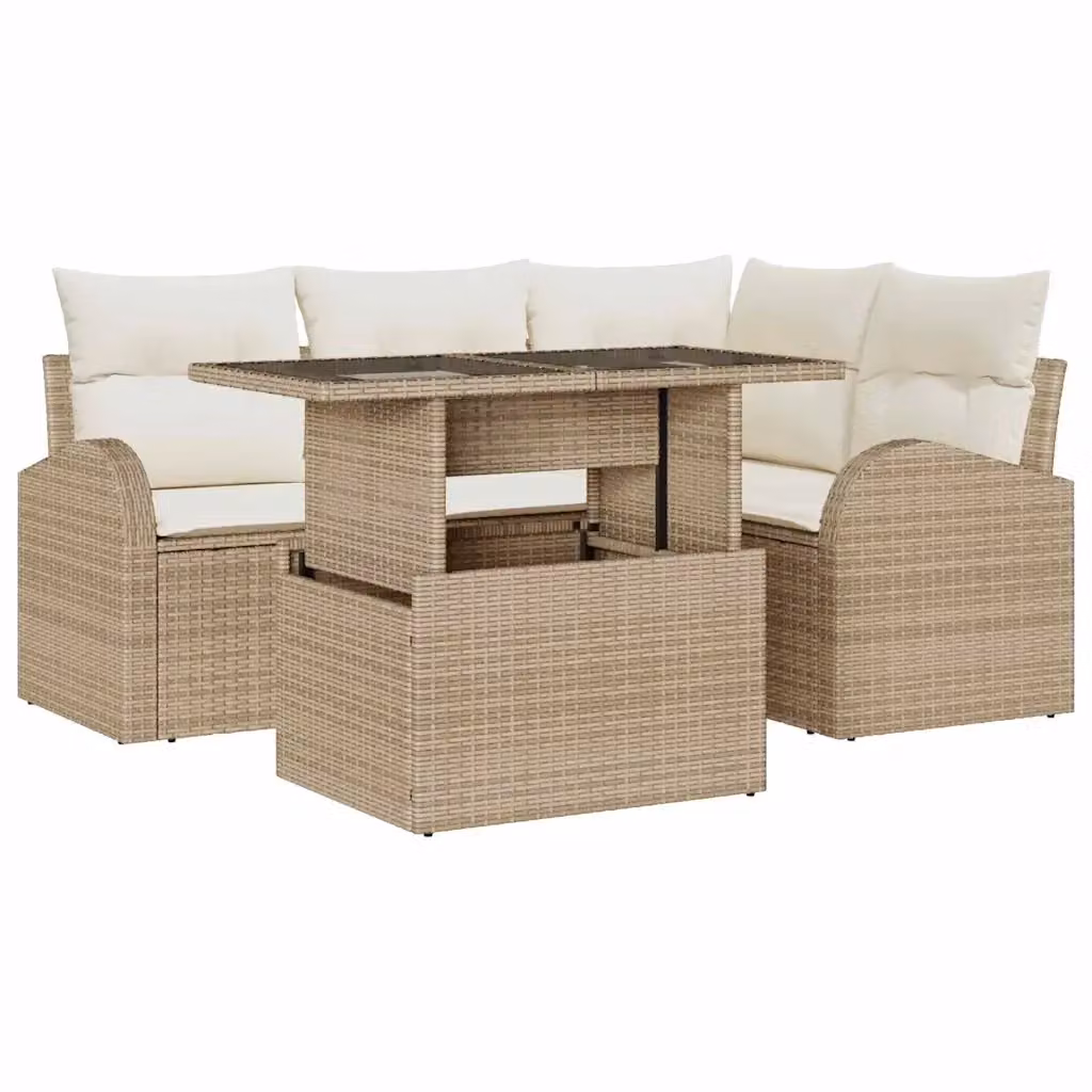 Set Divano da Giardino vidaXL a Forma di L con 5 Pezzi, Colore Beige, in Rattan e Metallo con Cuscini Inclusi – 2