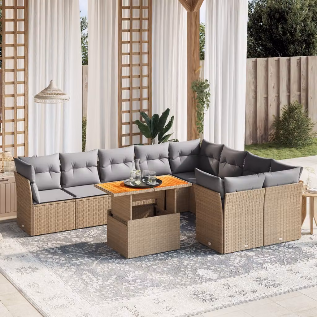 vidaXL Set Divano da Giardino 10 pz in Polyrattan con Cuscini Beige e Struttura in Acciaio e Legno di Acacia – 1