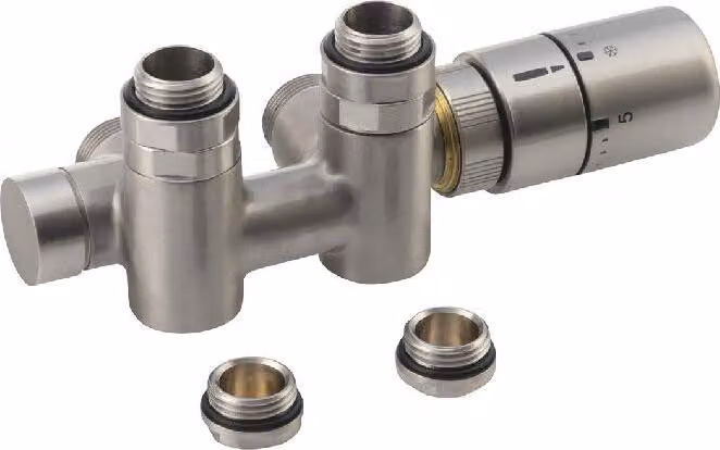 Sapho Twin Combi - Set di attacchi per valvola termostatica, attacco centrale, destro, acciaio inox spazzolato CP5510S