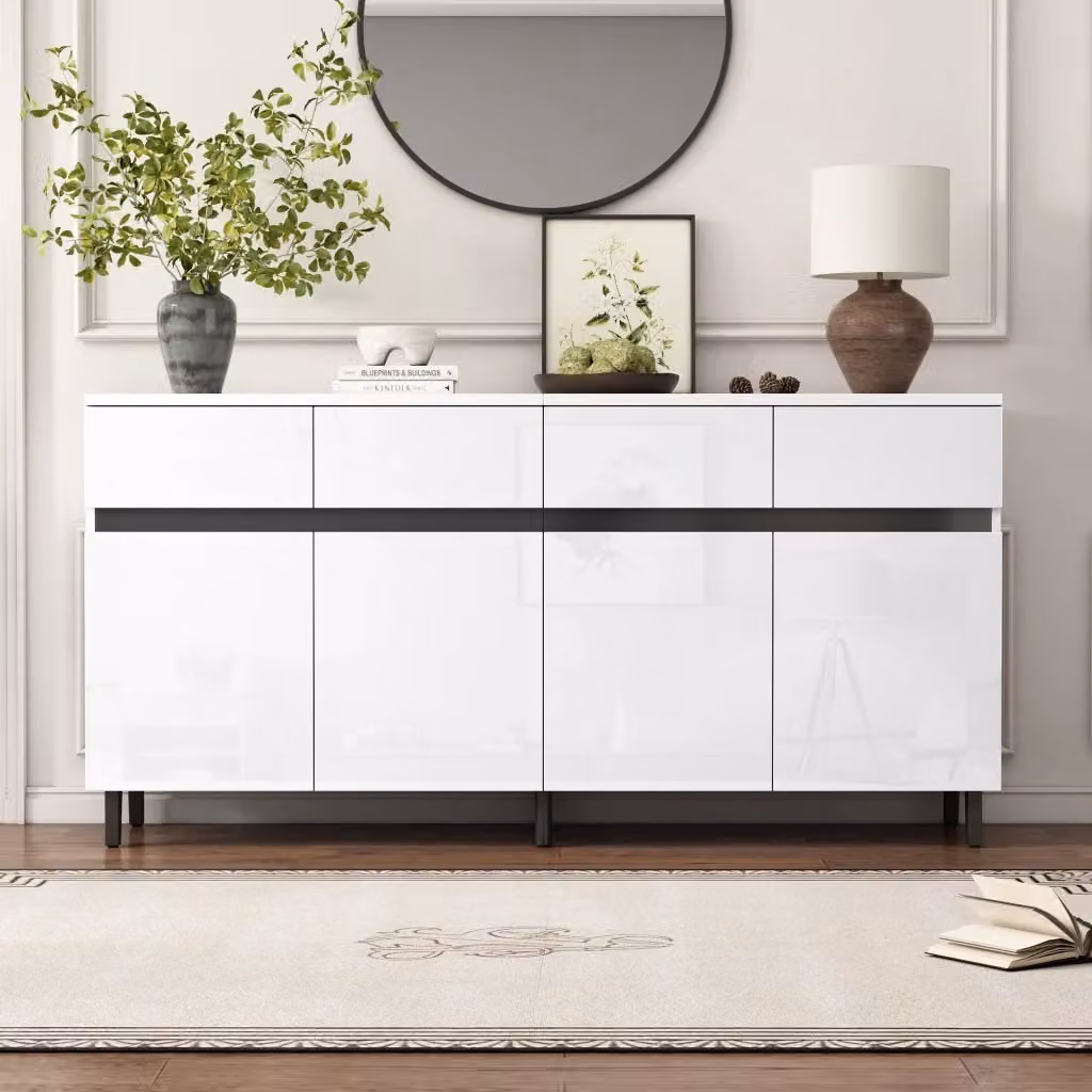 Credenza Chicfurn con 4 cassetti e 2 ante con ripiani regolabili, finitura lucida per soggiorno e cucina, L: 160 cm, P: 40 cm, H: 68 cm – 2
