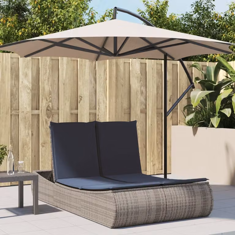 vidaXL Lettino Prendisole Doppio in Polyrattan Grigio con Cuscini Blu e Poggiatesta Regolabile