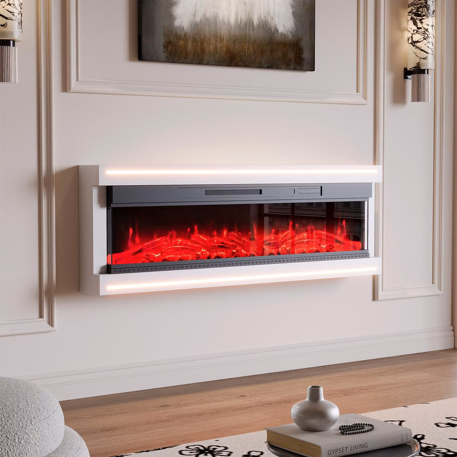Camino elettrico da parete, colore bianco, 1500 W, altezza 161 cm