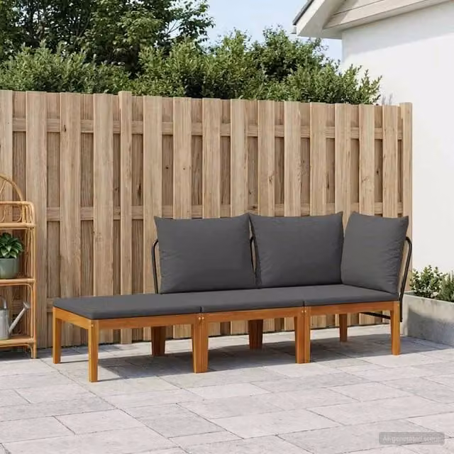 Set di divani da giardino a forma di L vidaXL in legno di acacia con cuscini e pouf incluso – 1