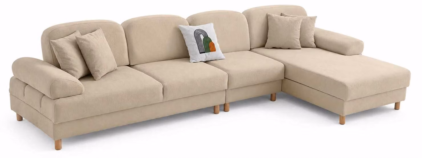 Divano angolare beige, moderno, per soggiorno, comodo, elegante, in tessuto