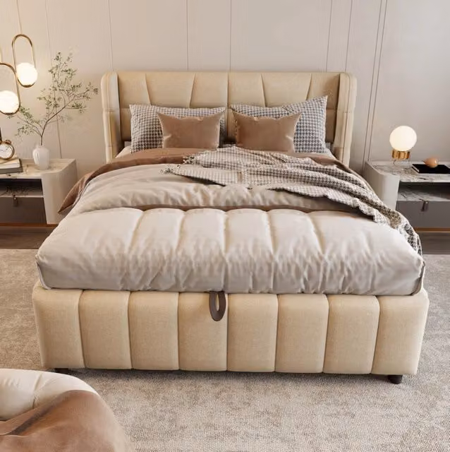 Letto contenitore imbottito ULEVR 140x200 cm con sollevamento pneumatico, struttura in metallo e tessuto beige