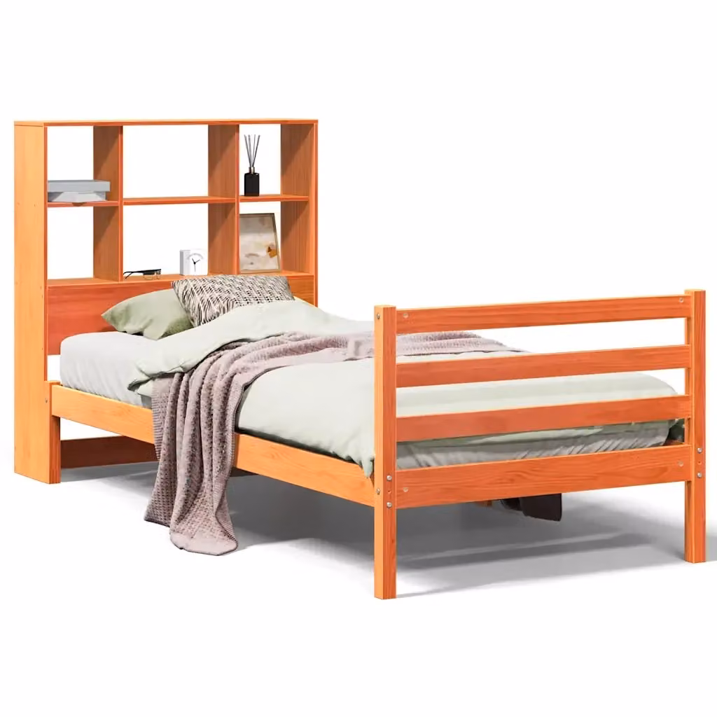 Letto Libreria VIDAXL in Legno di Pino Marrone Cera con Ripiani Laterali L: 190 cm, P: 81 cm, H: 110 cm – 2
