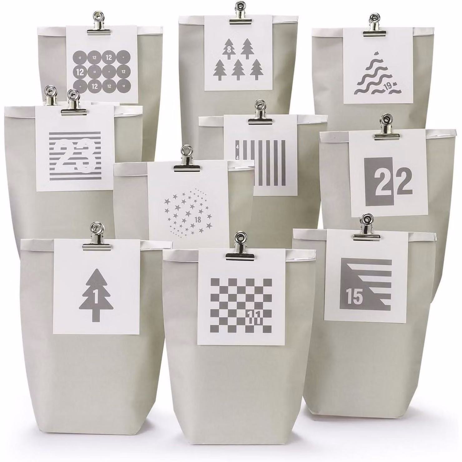 Calendario dell'Avvento da riempire, 24 sacchetti di carta con etichette numerate, colore grigio e bianco, dimensioni 16 x 6 x 22 cm