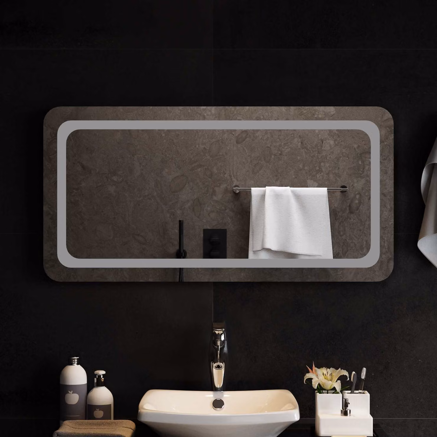 Specchio da bagno moderno vidaXL con illuminazione LED in vetro temperato, L: 100 cm, H: 50 cm