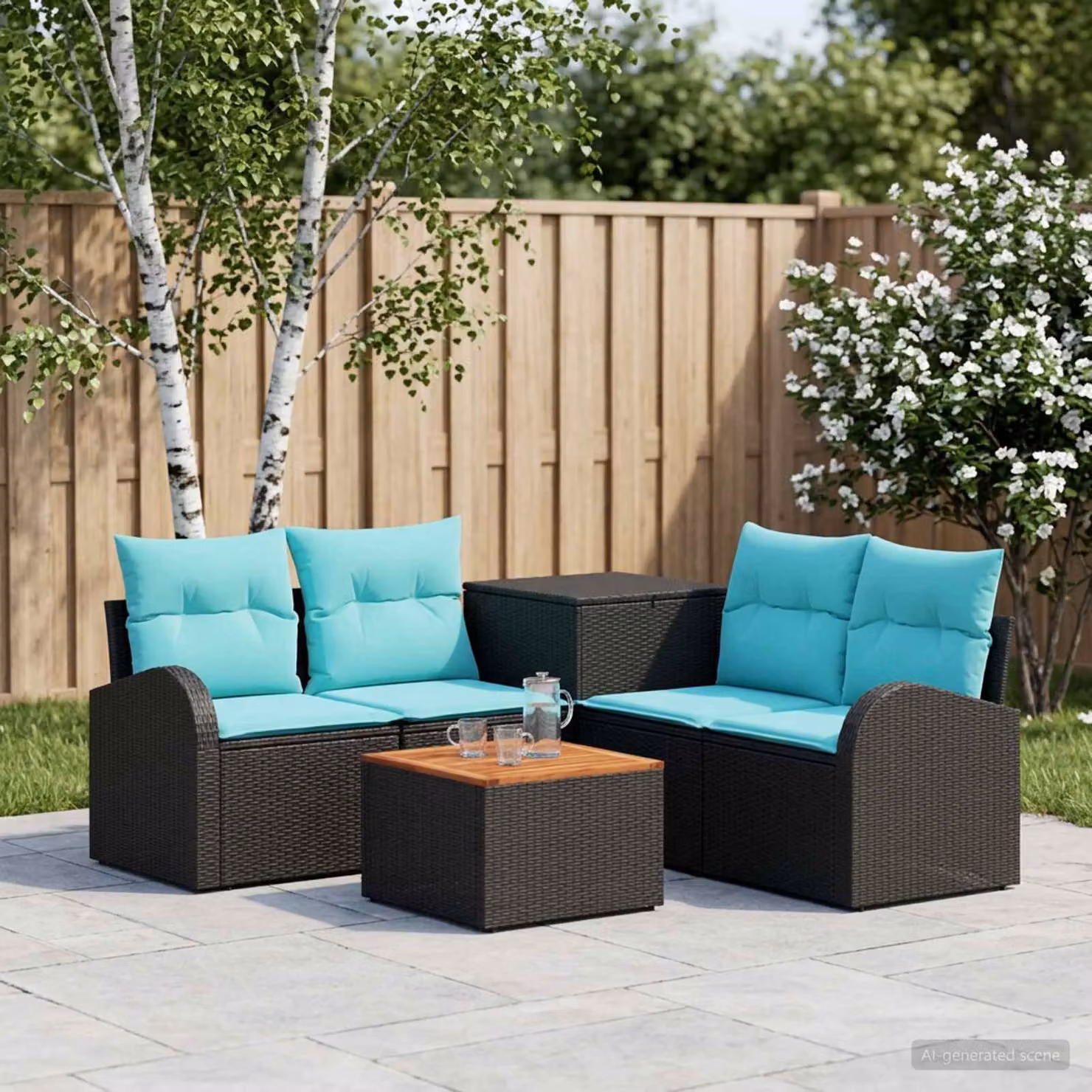 Set di divani da giardino a forma di L vidaXL composto da 6 pezzi con tavolino e pouf, colore nero e blu, in rattan sintetico e acciaio verniciato a polvere
