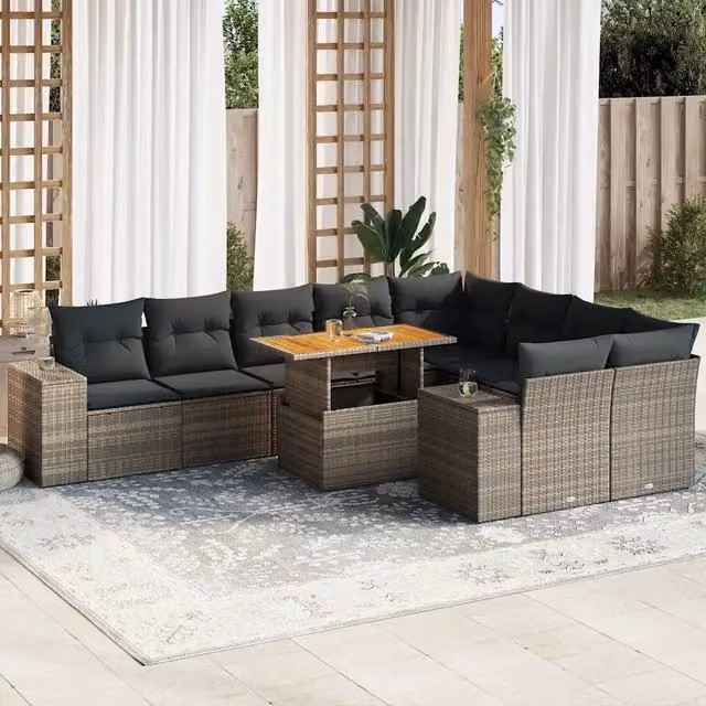 Set Divano da Giardino a Forma di U vidaXL in Polyrattan e Legno di Acacia con Cuscini Grigio 10 Pezzi