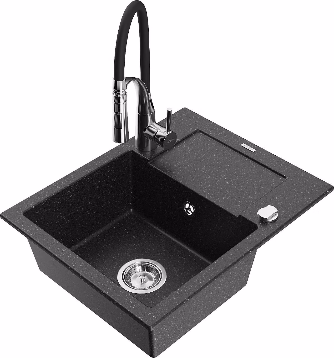 Mexen Enzo lavello in granito a 1 vasca con scolapiatti e rubinetto da cucina Aster, nero/argento metallizzato