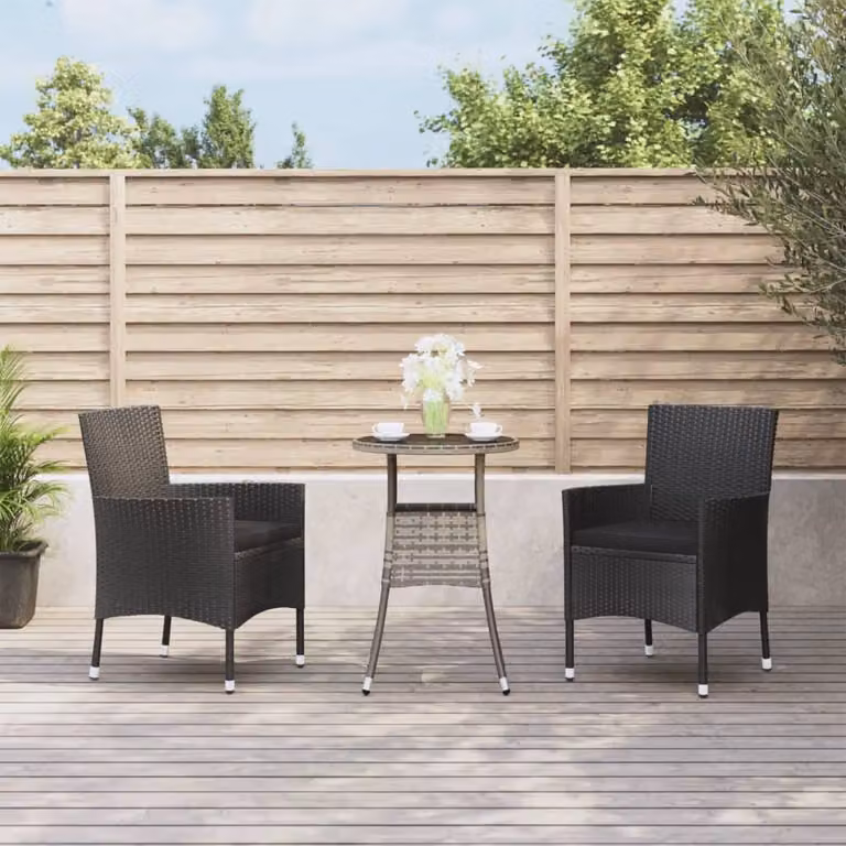 Set Bistrò da Giardino vidaXL in Polyrattan Nero con Cuscini e Tavolo in Vetro