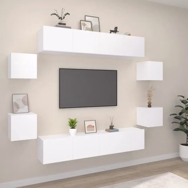 Set Mobili Porta TV 8pz Bianco in Legno Multistrato 3114214