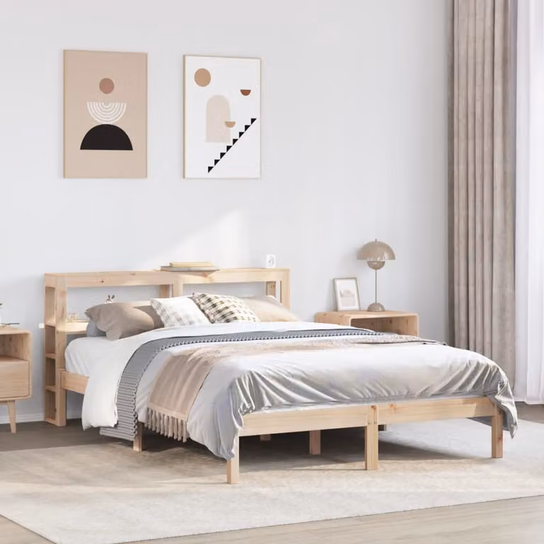 vidaXL Letto in Legno Massello di Pino Marrone con Ripiani Laterali L: 140 cm, P: 200 cm