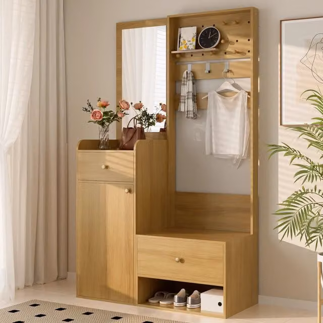 Armadio da ingresso OKWISH in legno marrone con specchio, 2 cassetti e vano aperto, L: 105 cm, P: 38 cm, H: 180 cm