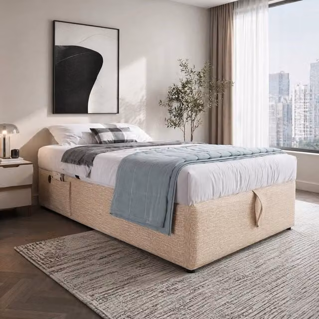 Letto contenitore ULEVR 90x200 cm in lino con USB e Type-C, base in legno massello, beige naturale