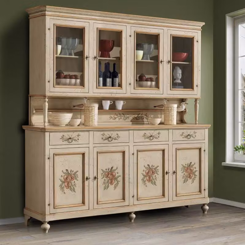 Cristalliera in legno stile shabby chic con 4 ante in vetro e decoro floreale, colore avorio e ocra, Mobili 2G, L: 198 cm, P: 50 cm, H: 227 cm – 2