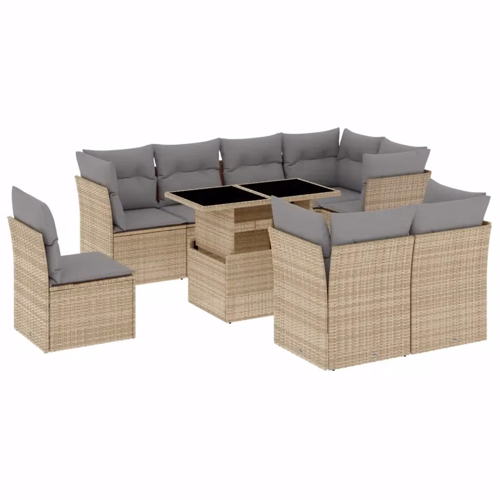 Set Divano da Giardino L-Shape vidaXL 9 pz con Cuscini Beige e Tavolino in Vetro e Metallo – 2